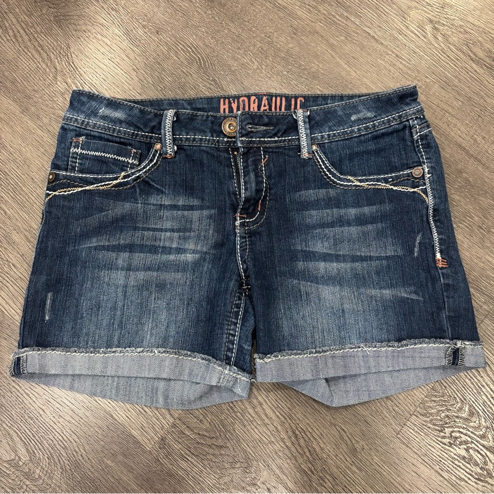 Hydraulic Jean Shorts, Women’s Size 11/12, Y2K Punk, Embroidery